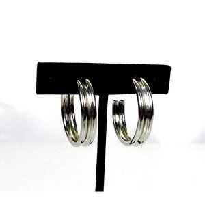 Silver Tone Double Hoop Hollow Pierced Earrings Pushback Closure